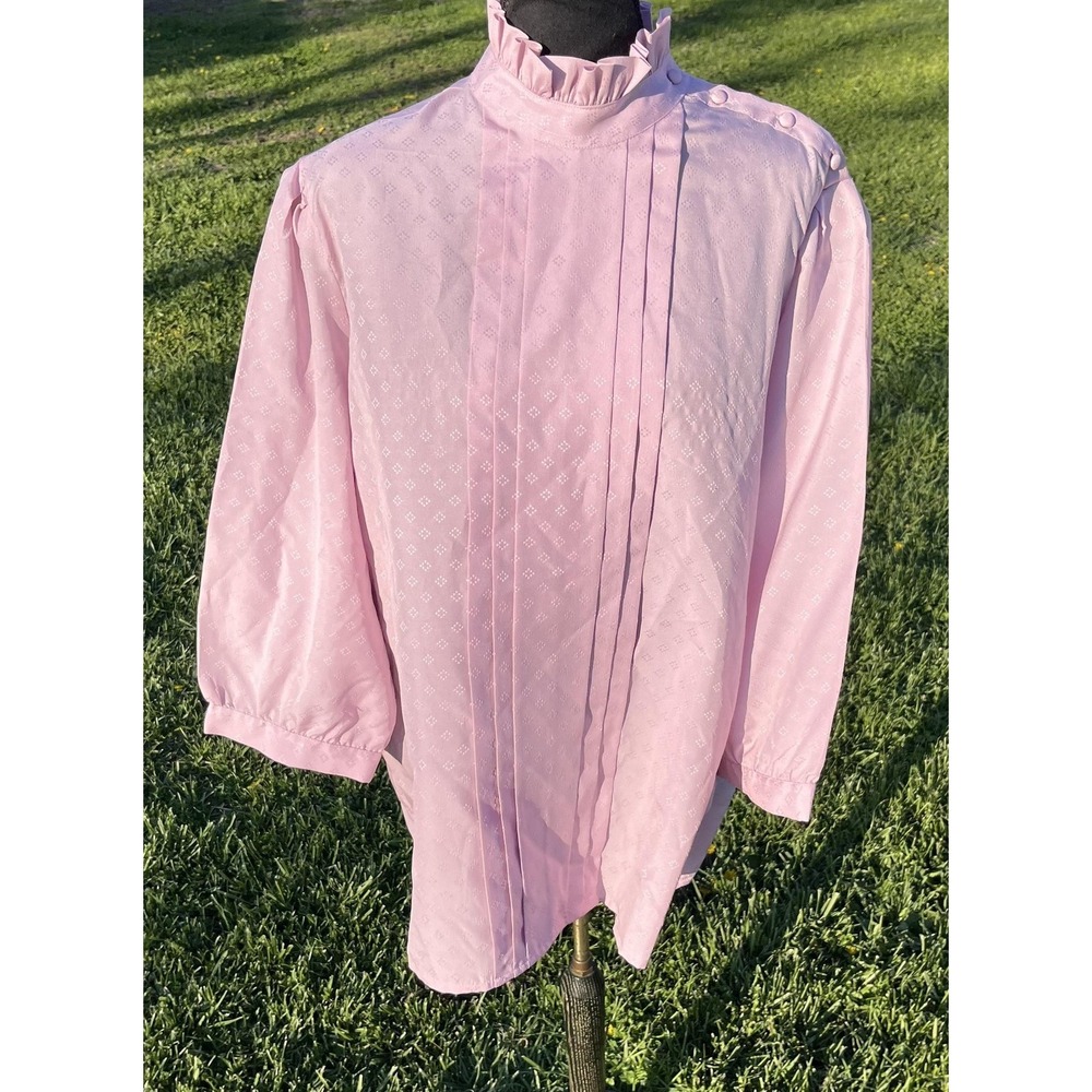 Vintage Pink Ruffle Neck Blouse Womens M CHAUS Woman Cottagecore Top - Picture 11 of 11